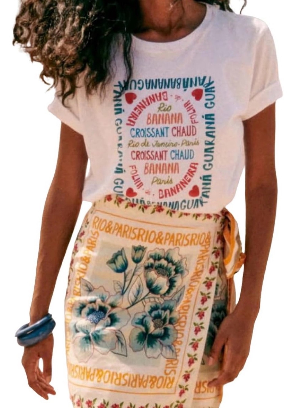 Cream Floral Wrap Skirt with Blue Tulip Print